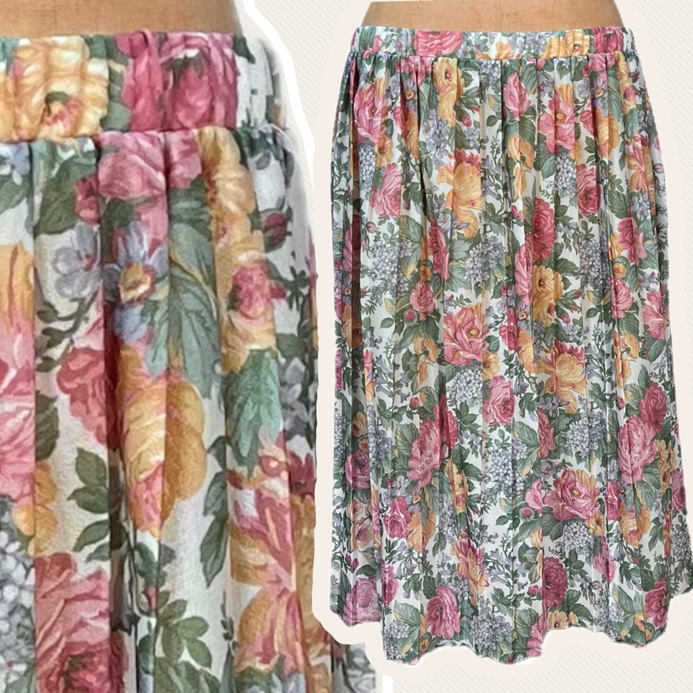 VINTAGE floral rose garden skirt midi pleated elastic pull on waist cottagecore